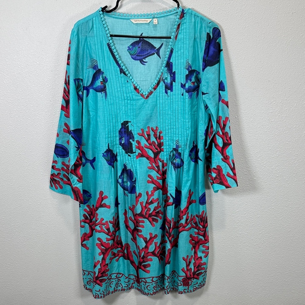 Soft Surroundings Seychelles tunic coverup vibrant‎ teal  red coral blue fish